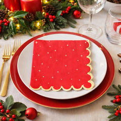 Red Gold Star Christmas Paper Napkins Scalloped 3-Ply Festive Tableware Set of 16