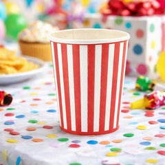 Red & White Striped Paper Cups for Birthday Parties, Celebrations & Party Tables (Pack of 6, 255 ml)