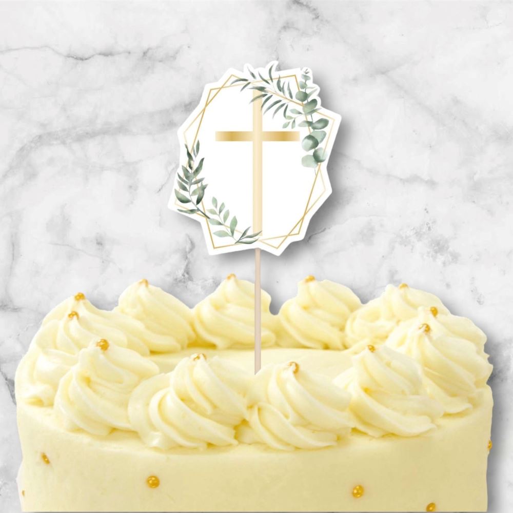 botanical-gold-cross-religious-paper-card-cake-topper-christening|9915631|Luck and Luck| 1