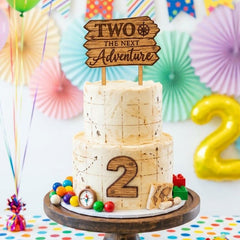 2nd Birthday Cake Topper - Two the Next Adventure Rustic Wooden Party Decor