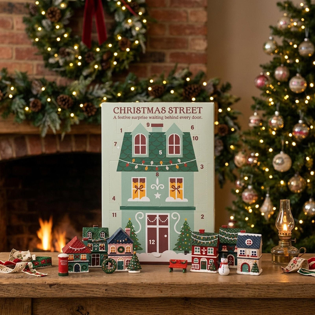 Christmas Street Scene 12-Day Advent Calendar Green Paper Festive Countdown Decor