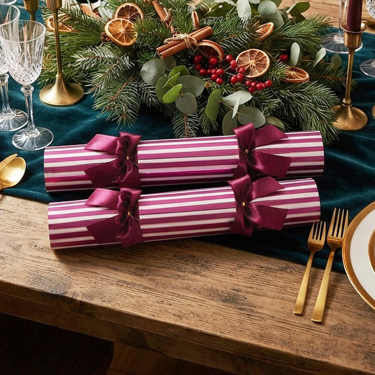 Whodunnit Mystery Game Christmas Crackers Recyclable Purple Striped Tableware Set of 6