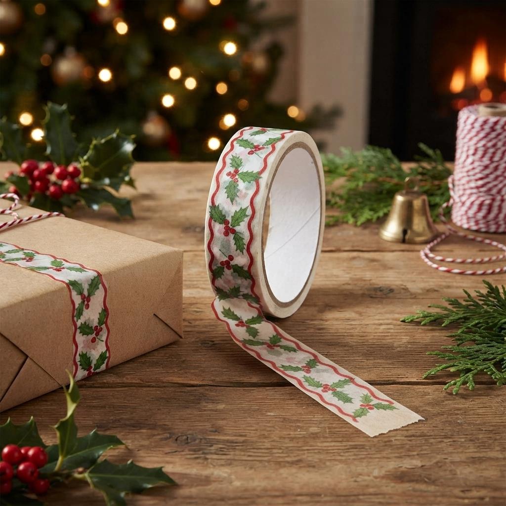 Holly & Berry Eco-Friendly Paper Tape - 20m for Sustainable Christmas Wrapping and Crafts
