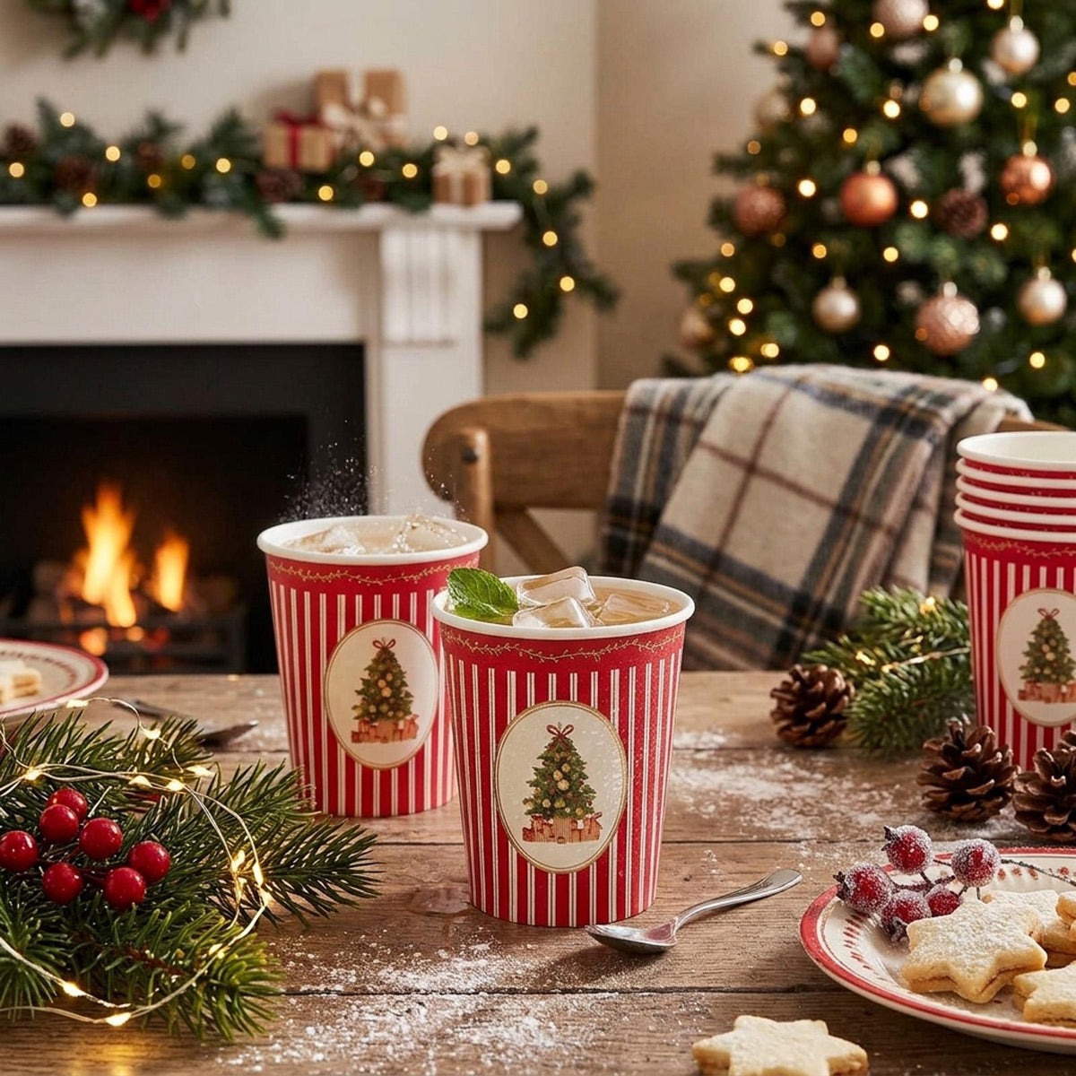 Festive Christmas Tree Paper Cups Red Green Gold Set of 8