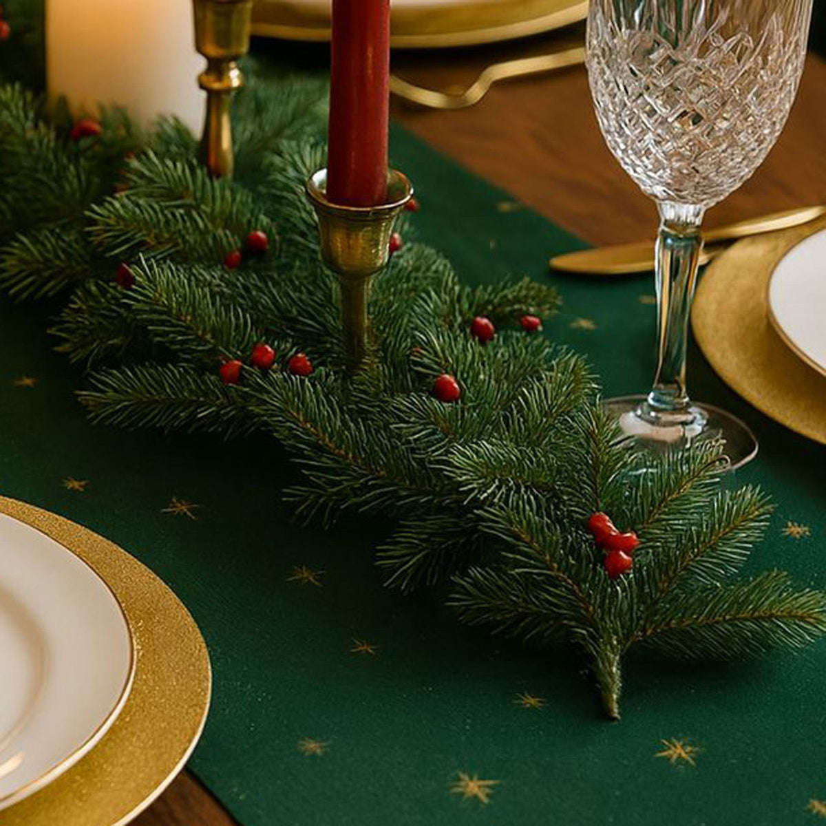 Green Velvet Christmas Table Runner Gold Stars Festive Dining Decor 3m