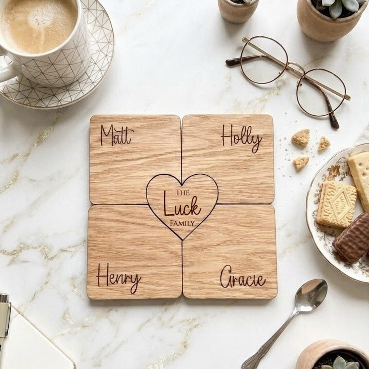 Personalised Family Coaster with Heart Token and Custom Name Keepsake Gift for Home