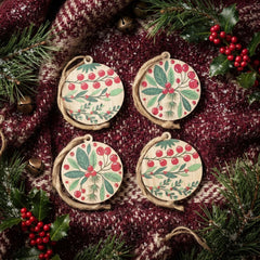 Wooden Leaf and Berry Christmas Hanging Decor for Rustic Festive Homes, Pack of 8