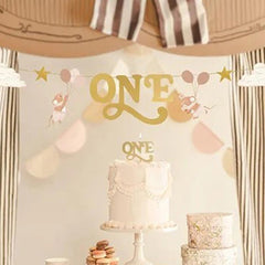 PartyDeco 1st Birthday Banner Mice Design Gold Pink 3m, Brown