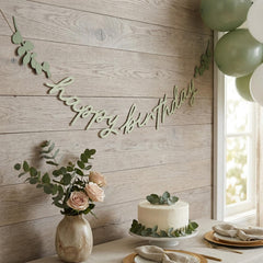 Botanical Happy Birthday Banner in Green Paper for Modern Party Styling, 2 m