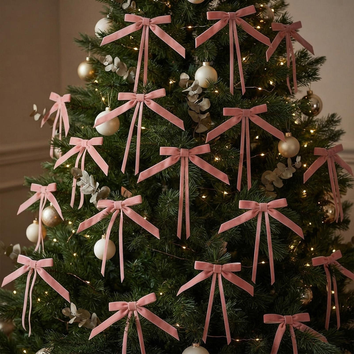 Pink Velvet Christmas Bows Festive Present Home Tree Decorations Styling Set of 8