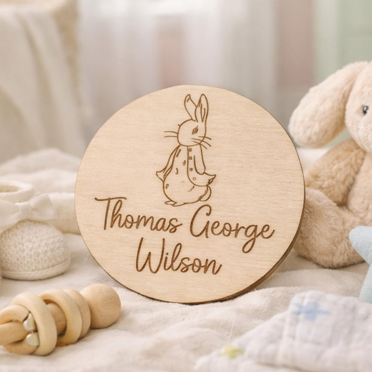 Personalised Peter Rabbit Wooden Name Announcement Disc New Baby Keepsake 9.9 cm