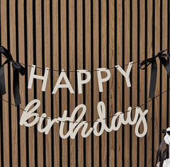 Happy Birthday Card Banner White Black Satin Bows Party Decoration (200cm)