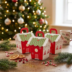 Christmas House Paper Favour Containers Red Green Festive Party Boxes Set of 8