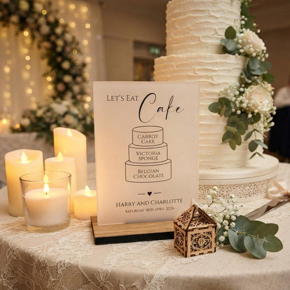 Elegant Black Personalised Wedding Cake Sign - Opaque Acrylic with Rustic Wooden Base for Customising Your Special Day