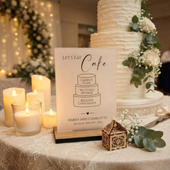 Elegant Black Personalised Wedding Cake Sign - Opaque Acrylic with Rustic Wooden Base for Customising Your Special Day