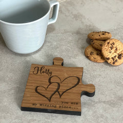 Personalised Couple Coaster Oak Veneer Jigsaw Design - Unique Gift For Weddings and 5th Anniversary