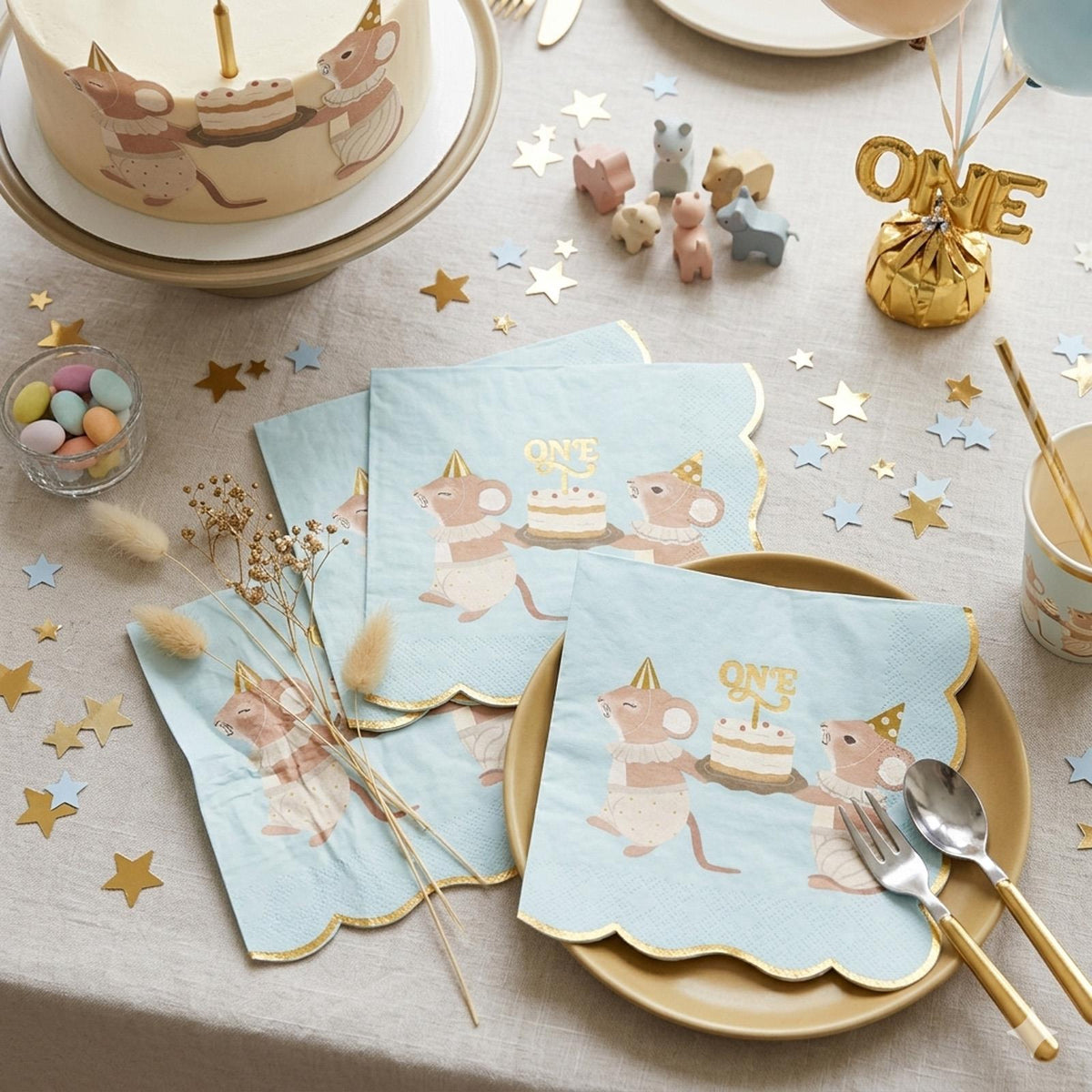 PartyDeco Blue 1st Birthday Party Mice Napkins 12 Pack, Pack of 12