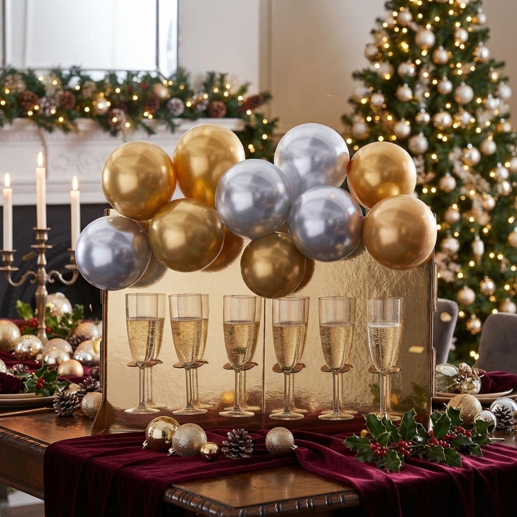 Gold Christmas Drinks Stand with Gold and Silver Balloons for Festive Parties
