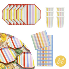 Pastel Striped Paper Plates, Cups and Napkins Tableware Set (Party Pack for 6)