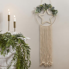 Wooden Christmas Hoop Wreath with Star and Macrame Detail for Festive Decor