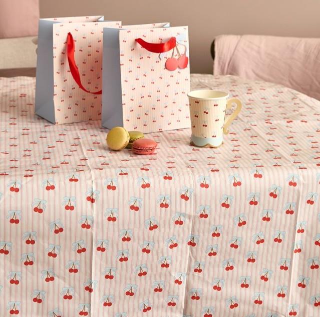 Rococo Cherries Pink Red Paper Tablecloth for Parties (140 x 260 cm)