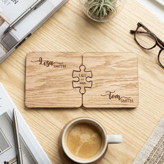 Personalised Couples Wooden Coaster and Jigsaw Token with Name and Date Gift