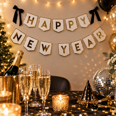 Gold Black Happy New Year Flag Banner with Velvet Bows for Festive Party Decor 2m