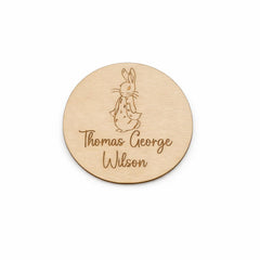 Personalised Peter Rabbit Wooden Name Announcement Disc New Baby Keepsake 9.9 cm