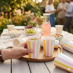 Pastel Striped Paper Party Cups Multicoloured Birthday Tableware 400 ml