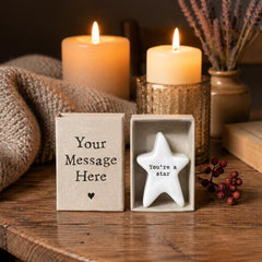 Personalised Star Matchbox with Porcelain Ornament and Your Own Message Name Date