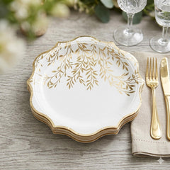 White Gold Leaf Paper Plates Pack of 8 Elegant Wedding Partyware
