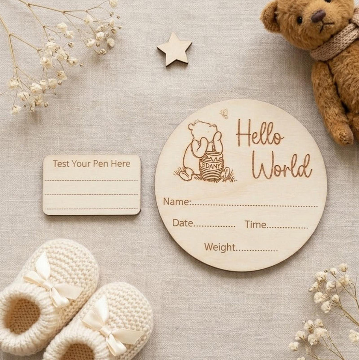 Winnie The Pooh Wooden Baby Announcement Disc for New Baby Keepsakes