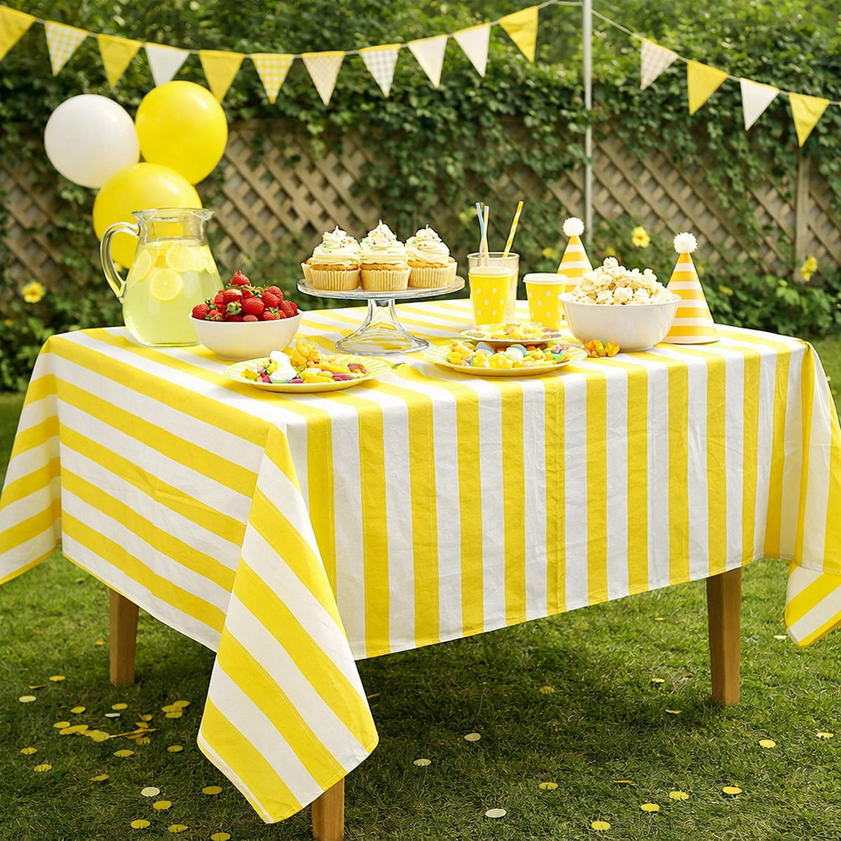 Yellow & White Polyester Birthday Tablecloth for Colourful Party Tables (140 x 120 cm)