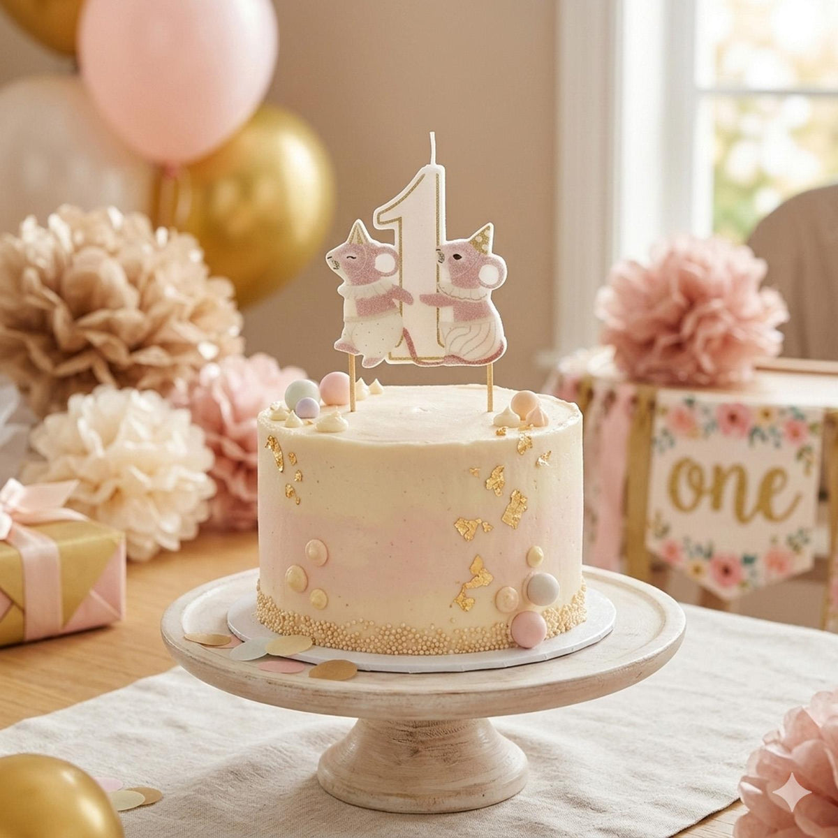PartyDeco 1st Birthday Cake Candle Pink Mice Number 1, White