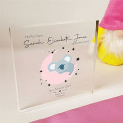 personalised-new-baby-pink-moon-koala-nursery-gift-acrylic-block|LLUVABBABYD4|Luck and Luck| 1