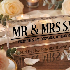 Personalised Mr & Mrs Acrylic Block – Modern Wedding Keepsake with Custom Name & Date