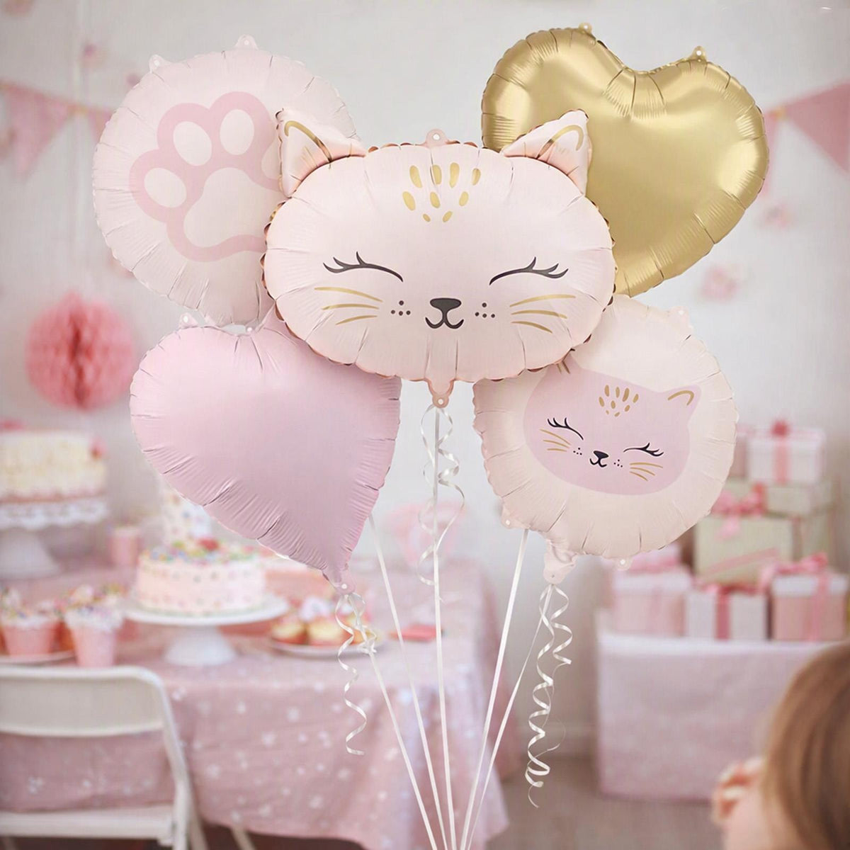 Cat Face Heart Foil Balloon Set for Pink Gold Birthday Parties 5 Pieces