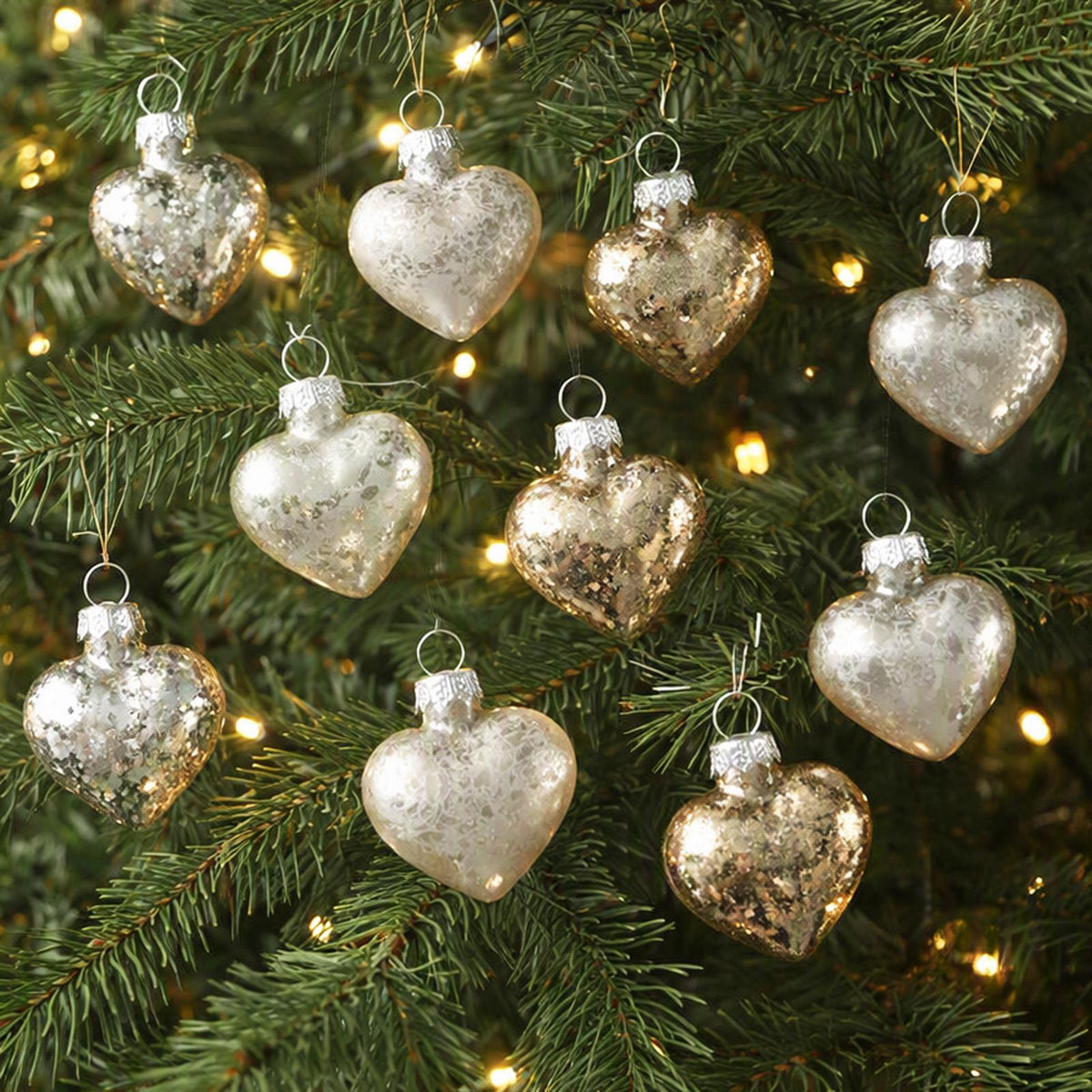 Set of 12 Gold Glass Heart Baubles for Christmas Tree and Festive Decorating