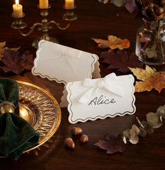 White Wavy Edge Place Cards with Velvet Bows for Christmas Tables Pack of 8