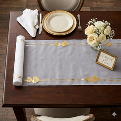 Santex White with Gold Hearts Party Table Runner Fabric x 2.5m