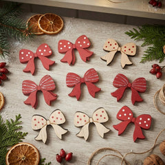 Red Wooden Christmas Bows for Rustic Festive Decorating - Pack of 18