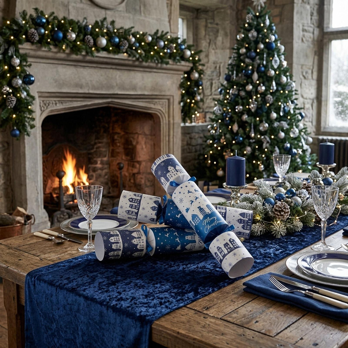 Blue Houses Christmas Crackers Festive Party Tableware Decorations Set of 10