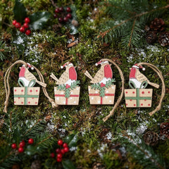 Wooden Birds on Presents Christmas Hanging Decorations for Rustic Festive Homes, Pack of 8