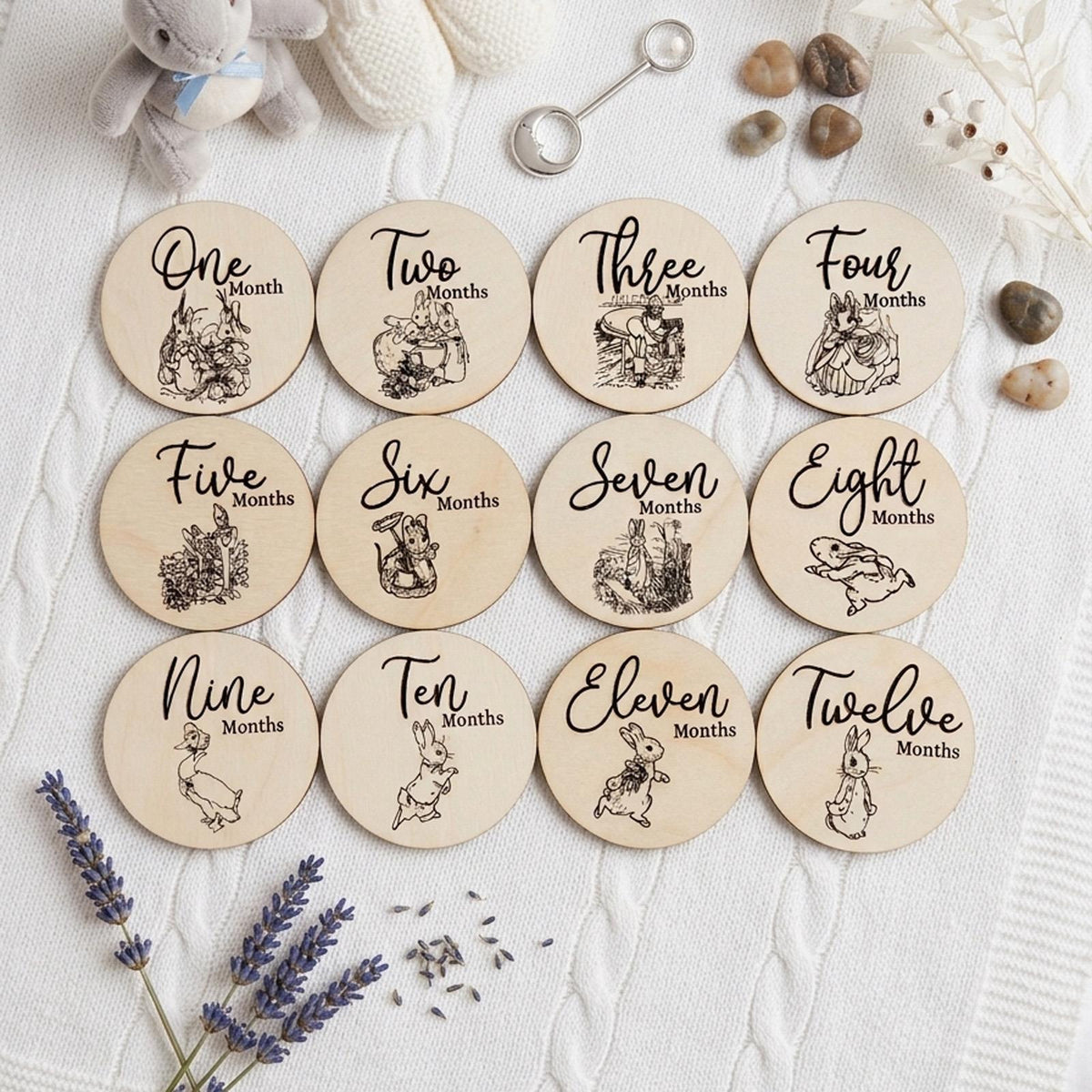 Peter Rabbit Wooden Baby Milestone Discs for Monthly Photos, 10 cm (Set of 12)