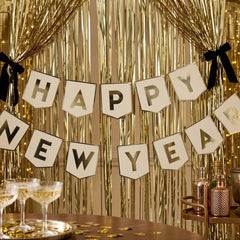Gold Black Happy New Year Flag Banner with Velvet Bows for Festive Party Decor 2m
