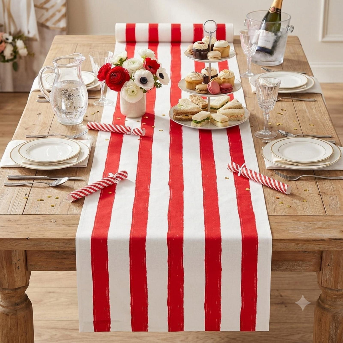 Red & White Polyester Birthday Party Table Runner Fabric Table Decoration (28 cm x 300 cm)