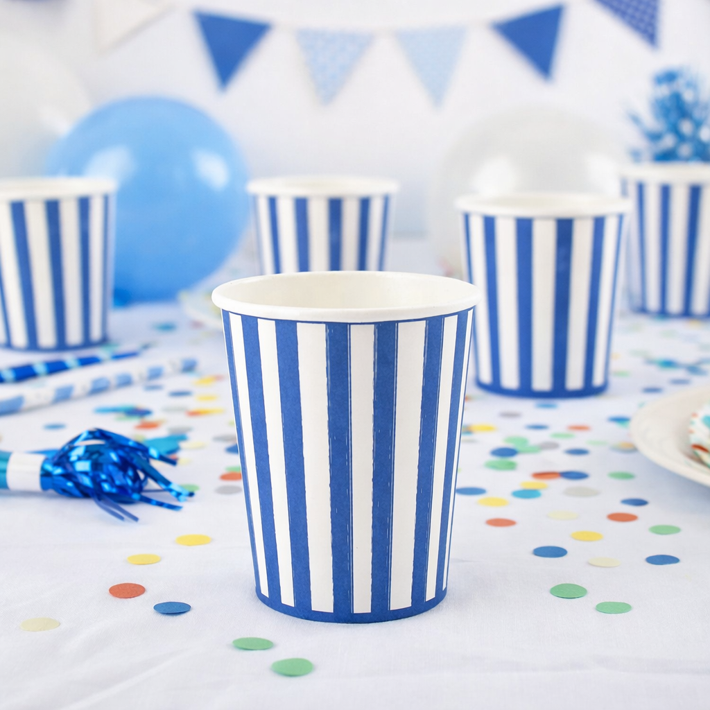 Blue & White Paper Cups for Birthday Parties and Celebrations (Pack of 6, 255 ml)