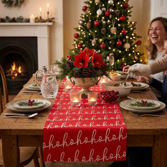 Red Hohoho Christmas Polycotton Table Runner Festive Holiday Dining Table Decor 3m