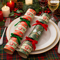 Red & Green Folk Christmas Crackers with Culinary Gifts for Festive Dining (Pack of 6)