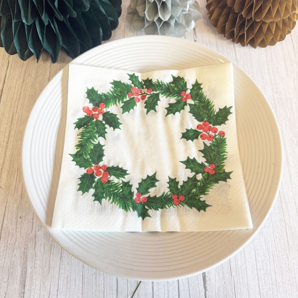 holly-wreath-linen-feel-paper-christmas-napkins-x-20-tableware|BC-HOLLY-NAPKINV4|Luck and Luck| 1